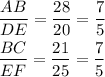 \begin{aligned}&\frac{A B}{D E}=\frac{28}{20}=\frac{7}{5}\\&\frac{B C}{E F}=\frac{21}{25}=\frac{7}{5}\\\end{aligned}