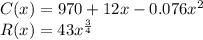 C(x) = 970+12x - 0.076x^2\\R(x) =43x^{\frac{3}{4}}