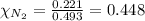 \chi_{N_2}=\frac{0.221}{0.493}=0.448