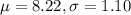 \mu = 8.22, \sigma = 1.10