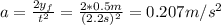 a= \frac{2 y_f}{t^2}= \frac{2*0.5 m}{(2.2s)^2}= 0.207 m/s^2