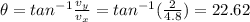 \theta= tan^{-1} \frac{v_y}{v_x} = tan^{-1} (\frac{2}{4.8})= 22.62