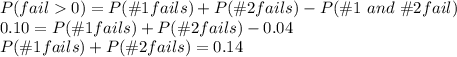 P(fail0) =   P(\#1 fails)+P(\#2 fails)- P(\#1\ and\ \#2 fail)\\0.10 =  P(\#1 fails)+P(\#2 fails) - 0.04\\P(\#1 fails)+P(\#2 fails) = 0.14