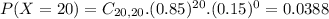 P(X = 20) = C_{20,20}.(0.85)^{20}.(0.15)^{0} = 0.0388