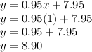 y = 0.95x + 7.95\\y=0.95 (1) + 7.95\\y=0.95 + 7.95\\y= 8.90