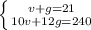 \left \{ {{v+g=21} \atop {10v+12g=240}} \right.