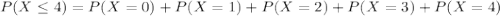 P(X \leq 4) = P(X = 0) + P(X = 1) + P(X = 2) + P(X = 3) + P(X = 4)