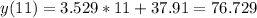 y(11) = 3.529*11 + 37.91= 76.729