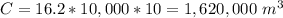 C = 16.2*10,000*10 = 1,620,000\ m^3