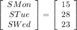 \left[\begin{array}{ccc}SMon\\STue\\SWed\end{array}\right] =\left[\begin{array}{ccc}15\\28\\23\end{array}\right]