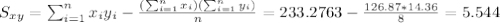 S_{xy}=\sum_{i=1}^n x_i y_i -\frac{(\sum_{i=1}^n x_i)(\sum_{i=1}^n y_i)}{n}=233.2763-\frac{126.87*14.36}{8}=5.544