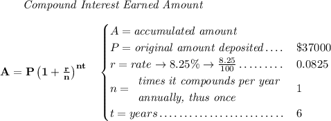 \bf ~~~~~~ \textit{Compound Interest Earned Amount} \\\\ A=P\left(1+\frac{r}{n}\right)^{nt} \quad \begin{cases} A=\textit{accumulated amount}\\ P=\textit{original amount deposited}\dotfill &\$37000\\ r=rate\to 8.25\%\to \frac{8.25}{100}\dotfill &0.0825\\ n= \begin{array}{llll} \textit{times it compounds per year}\\ \textit{annually, thus once} \end{array}\dotfill &1\\ t=years\dotfill &6 \end{cases}