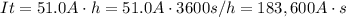 It=51.0 A\cdot h = 51.0 A \cdot 3600 s/h=183,600 A\cdot s