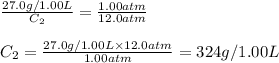 \frac{27.0g/1.00L}{C_2}=\frac{1.00atm}{12.0atm}\\\\C_2=\frac{27.0g/1.00L\times 12.0atm}{1.00atm}=324g/1.00L