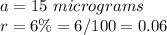 a=15\ micrograms\\r=6\%=6/100=0.06