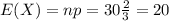 E(X) = np = 30\frac{2}{3} = 20