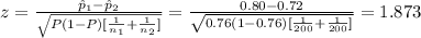 z=\frac{\hat p_{1}-\hat p_{2}}{\sqrt{P(1-P)[\frac{1}{n_{1}}+\frac{1}{n_{2}} ]} } =\frac{0.80-0.72}{\sqrt{0.76(1-0.76)[\frac{1}{200}+\frac{1}{200} ]} }=1.873