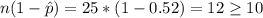 n(1-\hat p) = 25*(1-0.52) =12 \geq 10