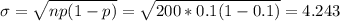 \sigma=\sqrt{np(1-p)}=\sqrt{200*0.1(1-0.1)}=4.243