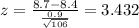z=\frac{8.7-8.4}{\frac{0.9}{\sqrt{106}}}=3.432