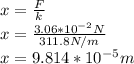 x=\frac{F}{k}\\ x=\frac{3.06*10^{-2}N }{311.8N/m}\\x=9.814*10^{-5}m
