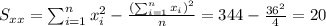 S_{xx}=\sum_{i=1}^n x^2_i -\frac{(\sum_{i=1}^n x_i)^2}{n}=344-\frac{36^2}{4}=20