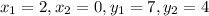 x_1=2, x_2=0, y_1=7, y_2=4