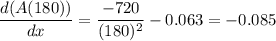 \dfrac{d(A(180))}{dx} = \dfrac{-720}{(180)^2}-0.063 = -0.085