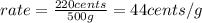 rate=\frac{220cents}{500g} =44cents/g