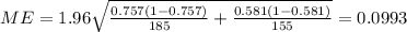 ME= 1.96 \sqrt{\frac{0.757(1-0.757)}{185} +\frac{0.581 (1-0.581)}{155}}= 0.0993