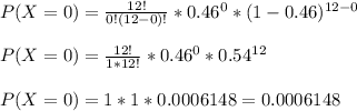 P(X=0)=\frac{12!}{0!(12-0)!} *0.46^0*(1-0.46)^{12-0} \\\\P(X=0)=\frac{12!}{1*12!} *0.46^0*0.54^{12} \\\\P(X=0)=1*1*0.0006148 =0.0006148