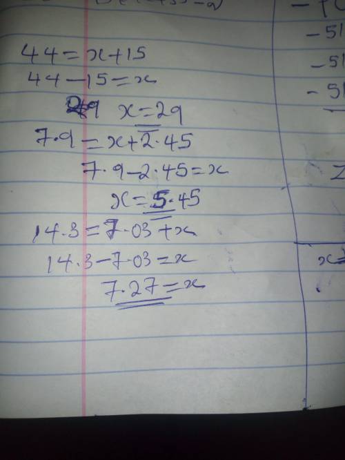 Solve each equation using required form and then show a check-step. 44 = x + 15 7.9 = x + 2.45 14.3