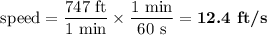 \text{ speed} = \dfrac{\text{747 ft}}{\text{1 min}} \times \dfrac{\text{1 min}}{\text{60 s}} = \textbf{12.4 ft/s}