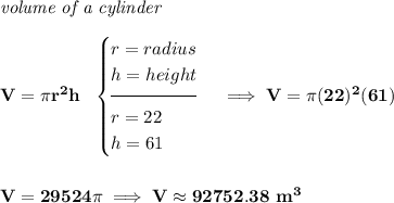 \bf \textit{volume of a cylinder}\\\\ V=\pi r^2 h~~ \begin{cases} r=radius\\ h=height\\[-0.5em] \hrulefill\\ r = 22\\ h = 61 \end{cases}\implies V=\pi (22)^2(61) \\\\\\ V=29524\pi\implies V\approx 92752.38~m^3