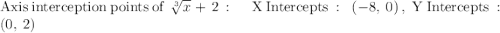 \mathrm{Axis\:interception\:points\:of}\:\sqrt[3]{x}+2:\quad \mathrm{X\:Intercepts}:\:\left(-8,\:0\right),\:\mathrm{Y\:Intercepts}:\:\left(0,\:2\right)