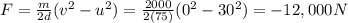F=\frac{m}{2d}(v^2-u^2)=\frac{2000}{2(75)}(0^2-30^2)=-12,000 N