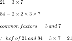 21 = 3 \times 7 \\  \\ 84 = 2 \times 2 \times 3 \times 7 \\  \\ common \: factors \:  = 3  \: and \: 7 \\  \\  \therefore \: hcf \: of \: 21 \: and \: 84 = 3 \times 7 = 21