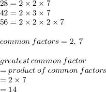 28 = 2 \times 2 \times 7 \\ 42 = 2 \times 3 \times 7 \\ 56 = 2 \times 2 \times 2 \times 7 \\  \\ common \: factors = 2, \: 7  \\  \\ greatest \: common \: factor \\  = product \: of \: common \: factors  \\   = 2 \times 7 \\  = 14