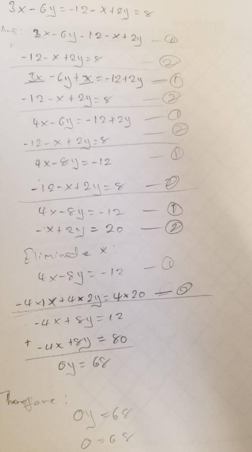 What is the solution to the system of equations? 3x − 6y = −12−x + 2y = 8 a.) Use the substitution o