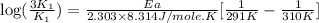 \log (\frac{3K_1}{K_1})=\frac{Ea}{2.303\times 8.314J/mole.K}[\frac{1}{291K}-\frac{1}{310K}]