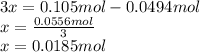 3x=0.105mol-0.0494mol\\x=\frac{0.0556mol}{3}\\x=0.0185mol