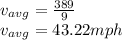 v_{avg}=\frac{389}{9}\\v_{avg}=43.22mph