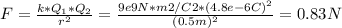 F =\frac{k*Q_{1}*Q_{2}}{r^{2} } = \frac{9e9N*m2/C2*(4.8e-6C)^{2}}{(0.5m)^{2} } = 0.83 N