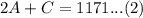 2A+C=1171...(2)