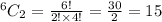 ^6C_2 = \frac{6!}{2!\times4!} = \frac{30}{2} = 15