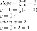 slope=\frac{3-0}{6-0} =\frac{1}{2} \\y-0=\frac{1}{2} (x-0)\\y=\frac{1}{2}x\\when~x=2\\y=\frac{1}{2}*2=1