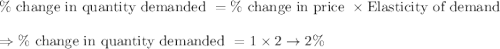 \% \text{ change in quantity demanded }=\% \text{ change in price }\times\text{Elasticity of demand }\\\\ \Rightarrow \% \text{ change in quantity demanded }=1\times2\rightarrow 2\%