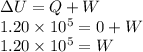 \Delta U=Q+W\\1.20\times 10^5=0+W\\1.20\times 10^5=W\\