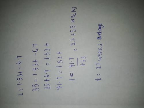 The growth of a fetus more than 12 weeks old can be approximated by the formula L = 1.53t − 6.7, whe