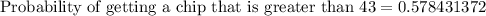 \text{Probability of getting a chip that is greater than 43}=0.578431372